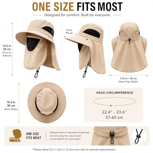Sun Hat with Neck Flap and Face Cover, Wide Brim Fishing Hat with Mesh Ventilation, UPF 50+ UV Protection - color: Beige