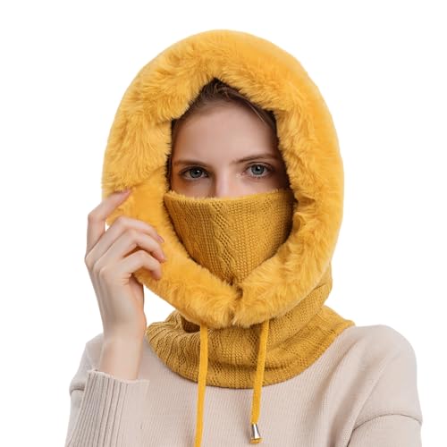 Womens Winter Hats, Warm Hooded Scarf Hat for Women, Fleece Beanie Hat with Drawstring, Balaclava Knit Skull Cap - color: Ginger
