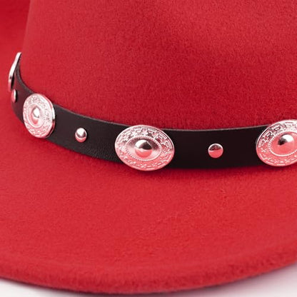DRESHOW Women Men Classic Felt Wide Brim Western Cowboy & Cowgirl Cap Belt Buckle Retro Panama Hat Unisex Rolled up Caps - color: 1 Pack: Red (Hat Circumference: 22-22.8")