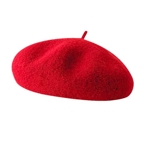 French Beret Hats for Women - Soft Warm Wool Solid Color Beanie Winter Cap - color: Red