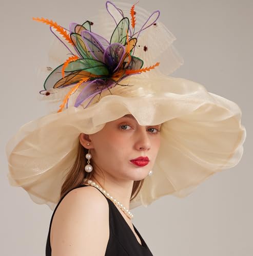 Women Derby Church Hat Organza Flower Wedding Tea Party Fascinator Wide Brim Sun Hat - color: 12-cream Color