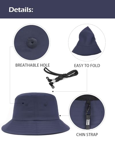 Zylioo XL XXL Bucket Hat for Big Heads, Quick Dry Travel Sun Hat with Strap - color: Navy Blue, size: XX-Large-3X-Large