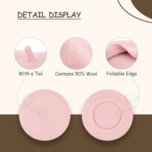 Gllutt Women Wool Beret Hat French Style Solid Color - color: Pink