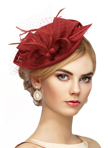 Zinniday Fascinator Tea Party Hat - 2026 Derby Pillbox Kentucky Hat for Women (7.87x5.9inch) - color: Red
