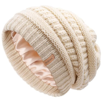 FURTALK Womens Satin Lined Knit Beanie Slouchy Winter Hat Soft Warm Cap - color: Beige