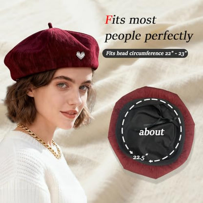 Women's Chenille Beret - Soft & Warm French Hat with Metal Heart Accent for Fall/Winter. - color: Wine Red