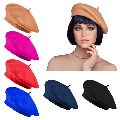 Jolbndcv 6PCS Beret, French Beanie, Outdoor, Winter, Fashion Lady Hat - color: Black, Camel, Big Red, Royal Blue, Navy Blue, Rose Red