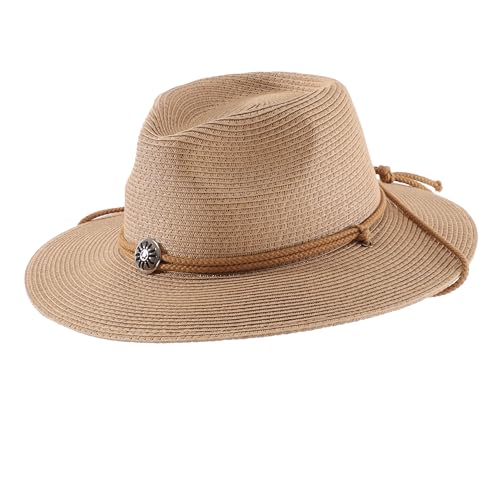 Home Prefer UPF50+ Men's Wide Brim Straw Fedora Sun Hat with Badge Lanyard - color: Brown