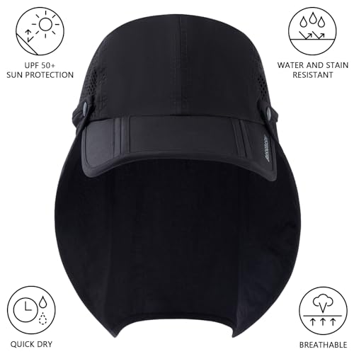 BASSDASH UPF 50+ Fishing Hat, Baseball Cap with Removable Neck Flap - color: Black With Foldable Brim