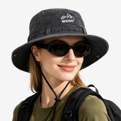 WOOH Sun Hats for Women,UPF80+ Wide Brim Summer Bucket Hat with Adjustable Drawstring,Packable Outdoor Hat for Beach Hiking - color: Black