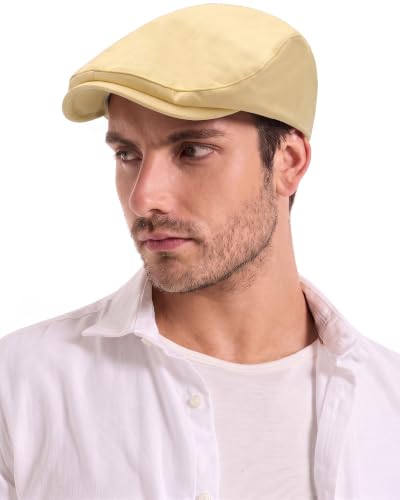 ZLYC Men Summer Flat Cap Scally Ivy Gatsby Newsboy Beret Driver Hat - color: Solid Pale Yellow