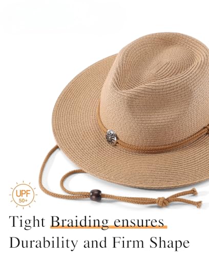 Home Prefer UPF50+ Men's Wide Brim Straw Fedora Sun Hat with Badge Lanyard - color: Brown