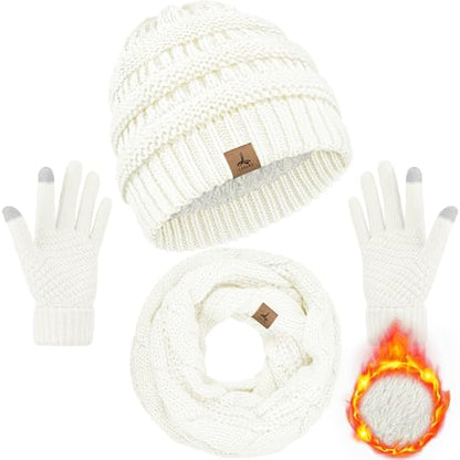 LOROME Winter Beanie Hat Scarf Gloves, Warm Fleece Knit Neck Scarf Set Gift - color: Ivory