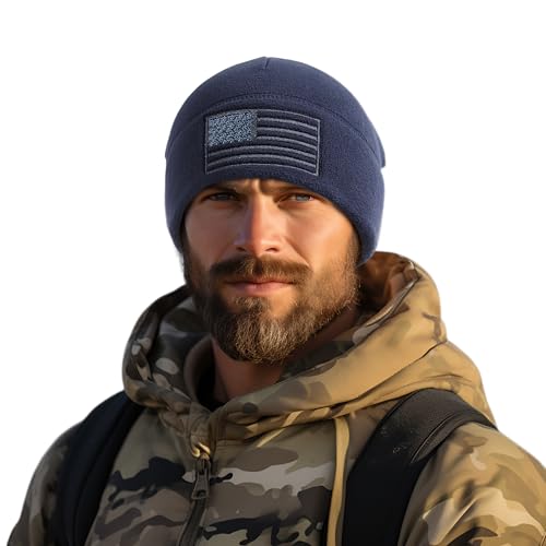 OUTDOOR SHAPING American Flag Fleece Beanie with Embroidered Patch Hat - color: Black+navy