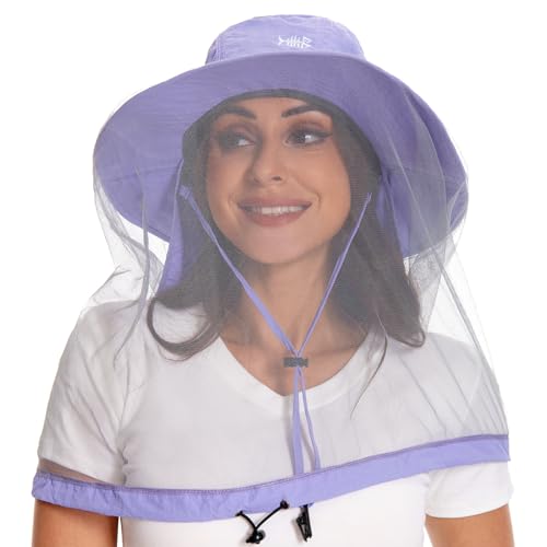 BASSDASH UPF 50+ Mosquito Sun Hat with Hidden Head Net and Neck Flap for Men Women Outdoor Fishing Hiking Camping - color: Light Purple