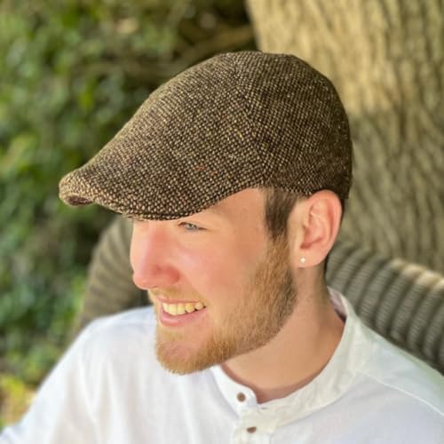 Hanna Hats Traditional Tweed Wool Donegal Touring Cap. Unisex Ivy Hat. Sewn Peak and Taffeta Lining. 100% Made in Ireland. - color: Brown Fleck, size: X-Large