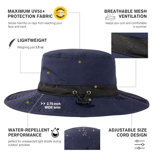TOP-EX Oversized Waterproof Mesh Sun Hat for Big Heads with Wide Brim - color: Navy-2.7"brim, size: Medium-Large