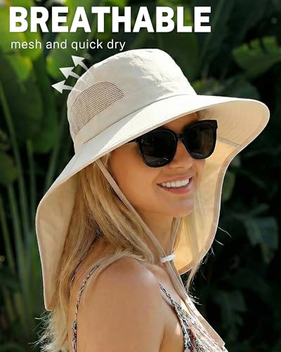 Women Sun Hats UV Protection Wide Brim with Bucket Ponytail Hole - color: Beige