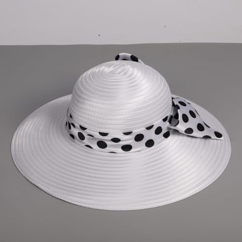 Women Wide Brim Rose Black Patchwork Kentucky Hat for Wedding Party Hat Big Bowknot Polka Dots Fedora Hats - color: White