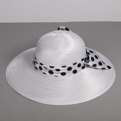 Women Wide Brim Rose Black Patchwork Kentucky Hat for Wedding Party Hat Big Bowknot Polka Dots Fedora Hats - color: White