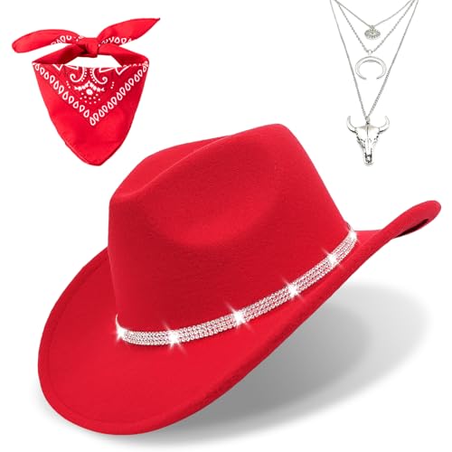 Western Black Cowboy Hats for Women Men, Fedora Wide Brim Rhinestone Cowgirl Hat with Bandana and Evil Eye Bull Head Necklace - color: Red