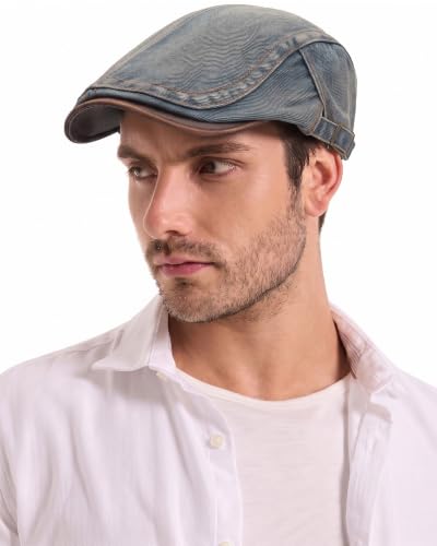 ZLYC Men Cotton Flat Cap Summer Scally Newsboy Beret Driver Hat - color: Denim Faded Blue