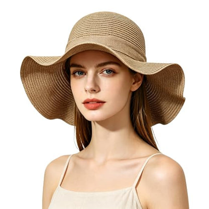 Women Floppy Sun Hat with Wide Brim, Foldable Roll-Up Straw Beach Hat Summer Hat for Travel - color: Khaki