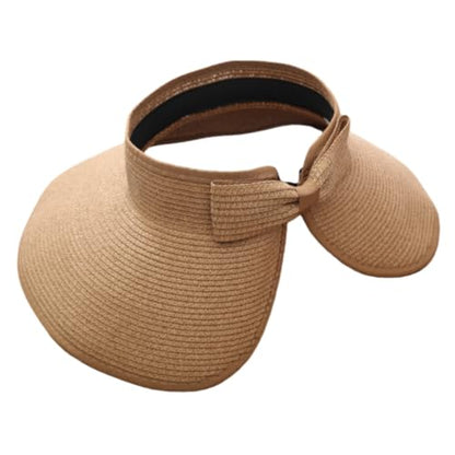Women Sun Visors Wide Brim Foldable Packable Ponytail Beach Hat Straw Leopard Roll Up Bow Visor Sun Hats - color: Khaki