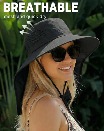 Women Sun Hats UV Protection Wide Brim with Bucket Ponytail Hole - color: Black