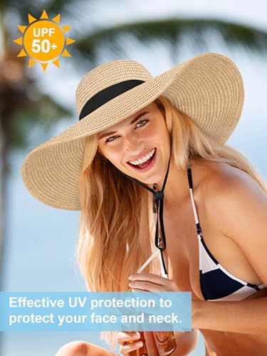 Floppy Sun Hats for Women, Summer Wide Brim Straw Beach Hat - color: Beige Khaki, size: Large