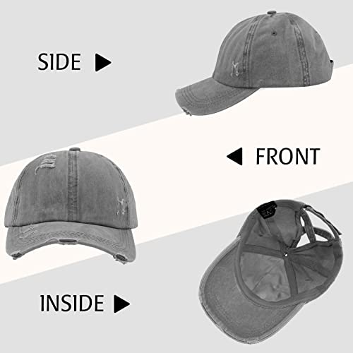 Criss Cross Ponytail Hat Women Washed Distressed Baseball Caps Adjustable High Messy Bun Ponycap - color: B - Denim Grey