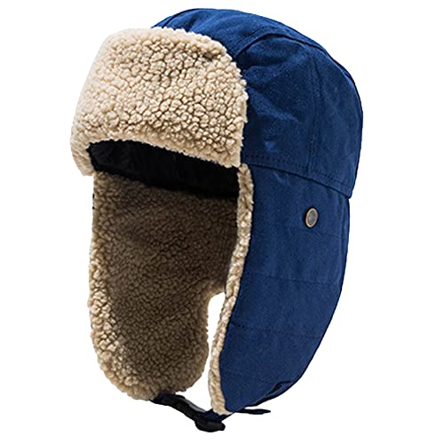 Unisex Winter Hats with Ear Flaps Cotton Trapper Hat Aviator Windproof Ski Cap Buckle Closure Ushanka Outdoor - color: A-blue