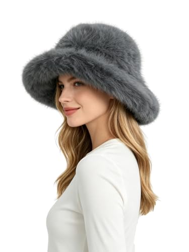 Lina & Lily Oversized Winter Faux Fur Bucket Hat for Women - Long Pile Fur Wide Moldable Brim - color: Dark Gray