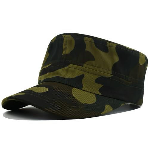 Unisex Cadet Army Cap Military Adjustable Flat Top Hat for Men Women - color: Camo Green