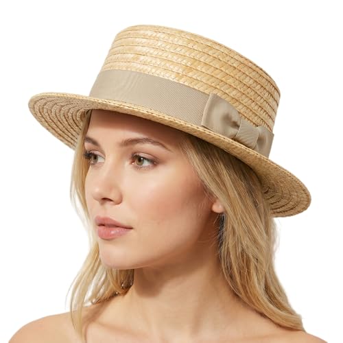 Classic Straw Boater Hat for Men and Women,Vintage Skimmer Flat Top Hat - color: Beige Ribbon