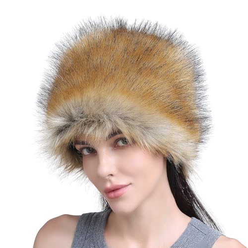 GREUS Winter Faux Fur Cossack Russian Style Hat for Women Fluffy Leopard Pompom Beanie Skull Cap Warm Ushanka Bucket Hat - color: Khaki