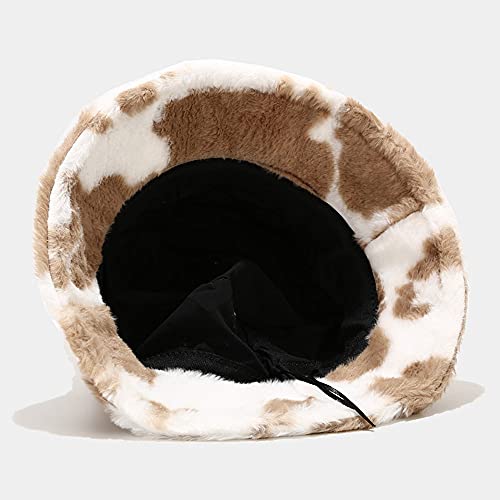 Dirholl Women's Winter Faux Fur Fuzzy Warm Bucket Hat - color: Cow Pattern Khaki