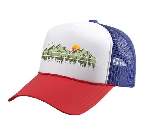 Trees Landscape Mountains Vintage Forest Trucker Hat with Adjustable Mesh Back - color: Red/White/Royal Blue