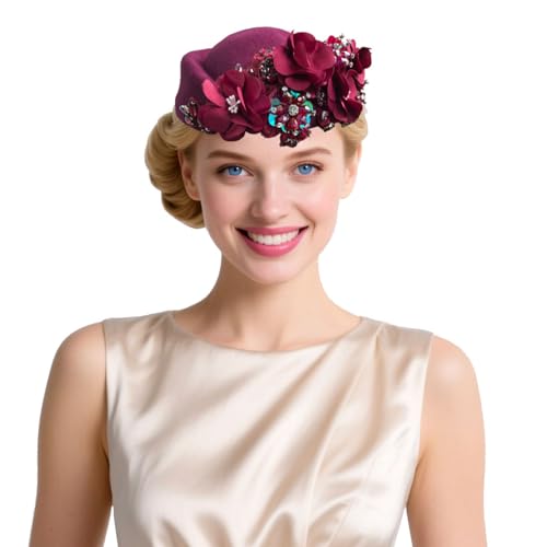 Women's Retro British Felt Headscarf Hat Church Derby Headdress with Floral Women's Soft Beret - color: Wine