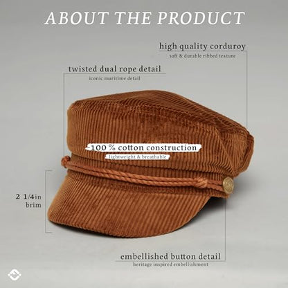 Funky Junque Greek Fisherman Newsboy Cap, Cotton Captains Bakerboy Hat - color: Corduroy - Brown
