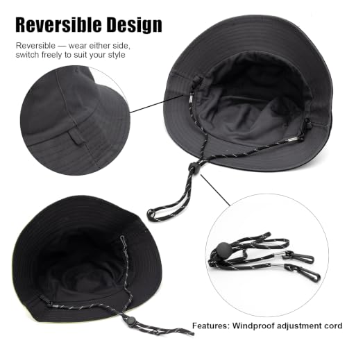 XXL Oversized Reversible Bucket Hat Beach Fisherman Sun Cap with Chin Strap for Women Men - color: Dark Grey Black