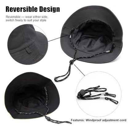 XXL Oversized Reversible Bucket Hat Beach Fisherman Sun Cap with Chin Strap for Women Men - color: Dark Grey Black