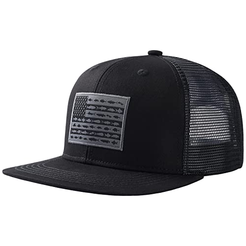 BASSDASH Flat Brim Trucker Cap Adjustable Snapback Hat Mesh Back for Men Women - color: Black/Fish Flag
