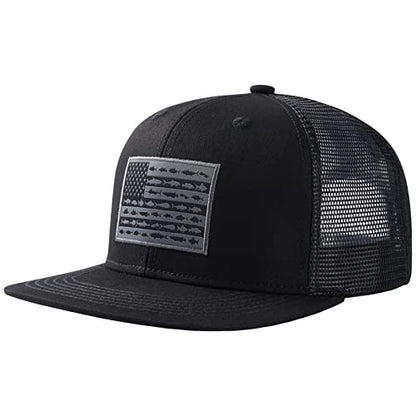 BASSDASH Flat Brim Trucker Cap Adjustable Snapback Hat Mesh Back for Men Women - color: Black/Fish Flag