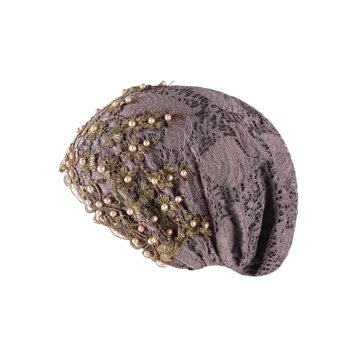 haozaikeji Women Flower Turban Hat Rhinestones Muslim Islamic Head Wrap African Pearl Turban Soft Stretchy Head Cover - color: Light-purple