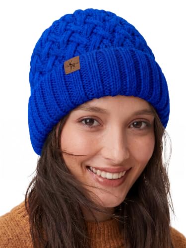 Winter Hats for Women Cable Knit Chunky Skull Cap Fleece Lined Thick Fold Cuff Beanie hat - color: Sky Blue, style: Pineapple