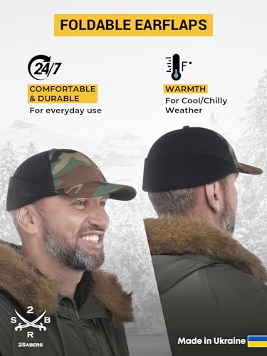 2SBR 2SABERS Mens Winter Hat with Earflaps and Visor - Warm Trucker Baseball Cap Hat - color: Wood Camo, size: Medium