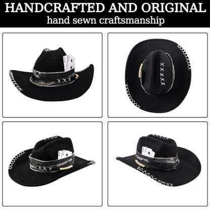 Black Cowboy Hat for Men Women Felt Western Hat with Blue Stone Necklace