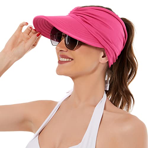 American Trends Wide Brim Visor for Women Lightweight Packable Ponytail Hat - color: Rose Red