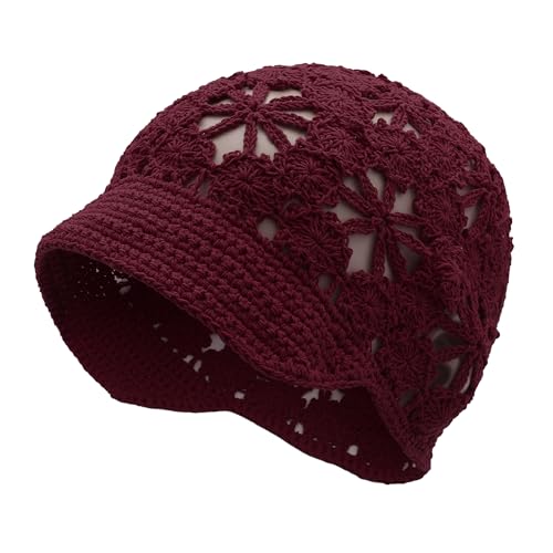 ZLYC Women Summer Slouchy Crochet Hat Handmade Cutout Skull Cap with Visor - color: Plain Burgundy, size: One Size